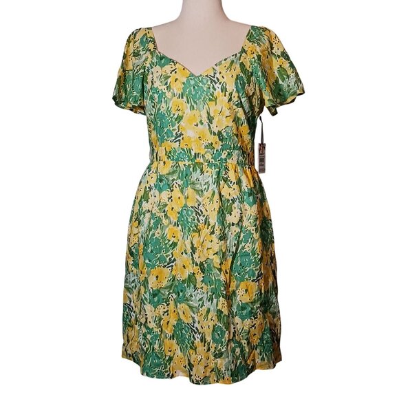 New‎ Kensie Dresses Womens Mini Eyelet Fit & Flare Dress Citron Multi Size 12 - Picture 2 of 15